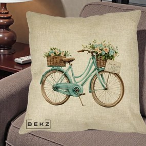 Perna Decorativa Bicicleta Teal cu Cosuri Duble de Flori Vintage, 40x40 cm, Crem, Husa Detasabila, Perna Inclusa, BEKZ®
