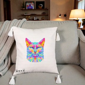 Perna Decorativa Pisica Pop Art Multicolor, 40x40 cm, Bej cu Franjuri, Husa Detasabila, Perna Inclusa, BEKZ®