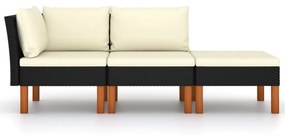 Set mobilier gradina, 3 piese, poliratan  lemn masiv eucalipt 1, Negru, Canapea de centru + canapea de colt + suport pentru picioare