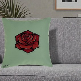 Perna Decorativa Trandafir Rosu Tattoo, 40x40 cm, Verde, Husa Detasabila, Perna Inclusa, BEKZ®
