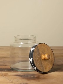 Borcan din sticlă cu capac din lemn de mango negru, model cu frunze stilizate albe, 21 × 15 cm, „Sylve"