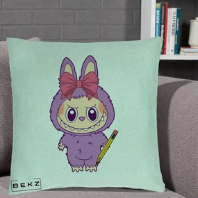 Perna Personalizata Labubu Mov cu Funda Rosie si Creion, 40x40 cm, Verde Menta, Husa Detasabila, Perna Inclusa, BEKZ®