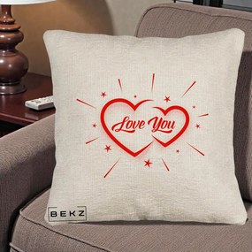 Cadou Romantic - Perna Personalizata Love You Doua Inimi, 40x40 cm, Bej Canapea, Husa Detasabila, Perna Inclusa, BEKZ®