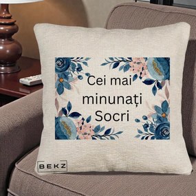 Cadou pentru Socri - Perna Personalizata Cei mai Minunati Socri cu Flori Albastre si Roz, 40x40 cm, Bej Canapea, Husa Detasabila, Perna Inclusa, BEKZ®