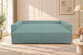 Canapea extensibilă Livia din catifea reiată, verde marin, cu ladă de depozitare