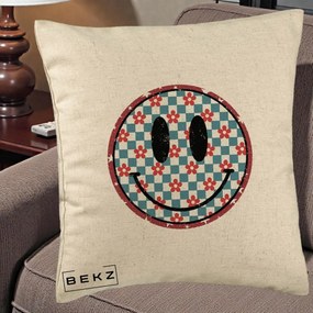 Perna Decorativa Smiley Face Checkered cu Floricele, 40x40 cm, Bej, Husa Detasabila, Perna Inclusa, BEKZ®