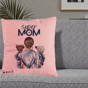 Cadou pentru Mama - Perna Personalizata Super Mom, 40x40 cm, Roz, Husa Detasabila, Perna Inclusa, BEKZ®
