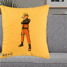 Perna Personalizata Naruto Uzumaki Portret Complet, 40x40 cm, Galben, Husa Detasabila, Perna Inclusa, BEKZ®