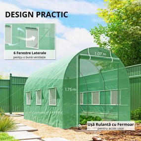 Outsunny Seră de Grădină cu Ferestre, Ușă și Acoperiș Rotunjit din PE și Fier, 3.5x2x2 m, Verde | Aosom Romania