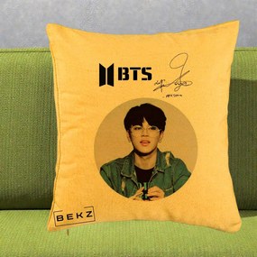 Perna Personalizata K-pop BTS Jimin Portret Cerc Autograf Geaca, 40x40 cm, Galben, Husa Detasabila, Perna Inclusa, BEKZ®