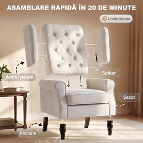 HOMCOM Scaun Decorativ Capitonat cu Spatar Inalt, Cotiere Rotunjite Captusite și Sezut cu Captuseala Groasa, Alb Crem | Aosom Romania
