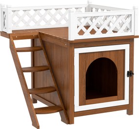 PawHut Casă pentru pisici, cu două nivele, cu balcon și scară, pentru interior și exterior, pentru pisici și iepuri, lemn de brad, Maro | Aosom Romania