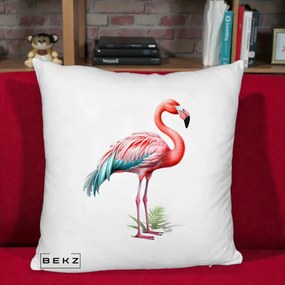 Perna Decorativa Flamingo Roz cu Pene Teal, 40x40 cm, Alb Pufos, Husa Detasabila, Perna Inclusa, BEKZ®