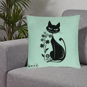 Perna Decorativa Pisica Neagra Grafica Minimalista, 40x40 cm, Verde Menta, Husa Detasabila, Perna Inclusa, BEKZ®