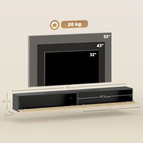 HOMCOM Comodă TV suspendată 140 cm, mobilier TV pentru televizoare 182,88 cm, 2 uși rabatabile, 140x25x22cm, lemn natural și negru | Aosom Romania