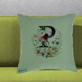 Cadou Personalizat - Perna Personalizata Monogram Litera P cu Flori Acuarela, 40x40 cm, Verde, Husa Detasabila, Perna Inclusa, BEKZ®