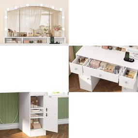 Masuta machiaj cu Oglinda LED si 3 Sertare pentru Cosmetice, Set Masa toaleta 102 cm, Alb, masuta cosmetica, vanity - SEA817