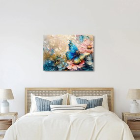 Tablou pe sticlă - Pictura de flori și fluturi (70x50 cm)
