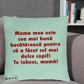 Cadou pentru Mama - Perna Personalizata Mama cea Mai Buna Bucatareasa, 40x40 cm, Verde Menta, Husa Detasabila, Perna Inclusa, BEKZ®