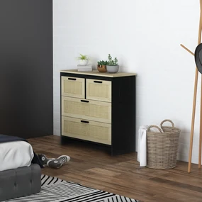 HOMCOM Comodă 4 Sertare, Mobilier Sufragerie/Dormitor, PAL și Ratan, 80x38x80cm, Negru/Lemn Natural | Aosom Romania