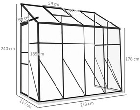 Outsunny Seră de perete, seră de grădină din policarbonat, cu ușă culisantă, vent de acoperiș, fundație, 127 x 253 x 240 cm negru | Aosom Romania