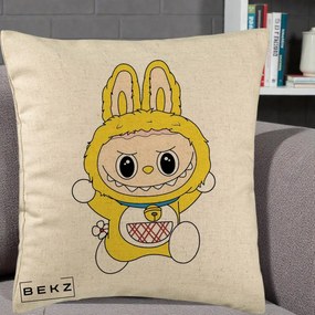 Perna Personalizata Labubu Galben Doraemon, 40x40 cm, Bej, Husa Detasabila, Perna Inclusa, BEKZ®