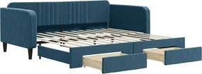 vidaXL Pat de zi cu extensie și sertare, albastru, 100x200 cm, catifea