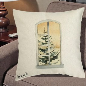 Perna Decorativa Fereastra cu Brad de Iarna, 40x40 cm, Ecru, Husa Detasabila, Perna Inclusa, BEKZ®