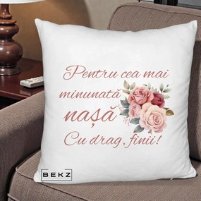 Cadou pentru Nasa - Perna Personalizata Pentru Cea mai Minunata Nasa Cu drag Finii, 40x40 cm, Alb Pufos, Husa Detasabila, Perna Inclusa, BEKZ®