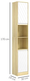 HOMCOM Dulap Înalt de Baie Spațios, Mobilier de Baie cu 2 Dulapuri și Rafturi Reglabile, 30x24x170 cm, Lemn Natural | Aosom Romania