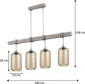 Brilagi - Lustra suspendată pe cablu WOOD GLASS 4xE27/60W/230V pin/gri/maro fumuriu