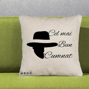Cadou pentru Cumnat - Perna Personalizata Cel mai Bun Cumnat cu Silueta Palarie, 40x40 cm, Bej Canapea, Husa Detasabila, Perna Inclusa, BEKZ®