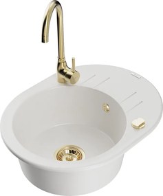 Mexen Kevin chiuvetă de granit cu 1 cuvă cu scurgător și baterie bucătărie Telma, alb - 6517-20-670200-50