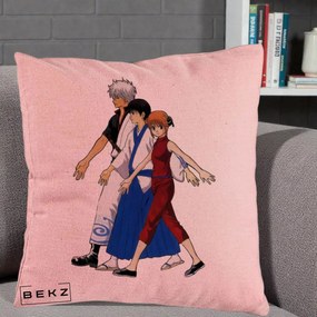 Perna Personalizata Gintama Trio Gintoki Shinpachi Kagura, 40x40 cm, Roz, Husa Detasabila, Perna Inclusa, BEKZ®