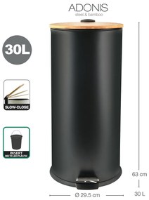 Coș de gunoi Spirella cu pedală și capac dinbambus Adonis 30 l, negru mat