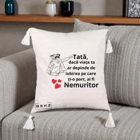 Cadou pentru Tata - Perna Personalizata Tata Nemuritor Supererou cu Masca, 40x40 cm, Bej cu Franjuri, Husa Detasabila, Perna Inclusa, BEKZ®