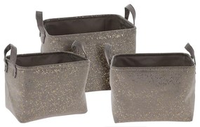 Set 3 cutii depozitare cu manere, material catifelat, poliester, gri/auriu