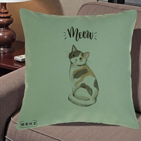Perna Personalizata Pisica Meow Acuarela, 40x40 cm, Verde, Husa Detasabila, Perna Inclusa, BEKZ®