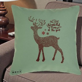 Perna Decorativa Ren de Craciun Glitter Rosu, 40x40 cm, Verde, Husa Detasabila, Perna Inclusa, BEKZ®