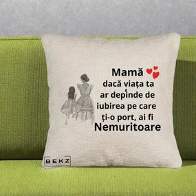 Cadou pentru Mama - Perna Personalizata Mama Nemuritoare Line Art, 40x40 cm, Bej Canapea, Husa Detasabila, Perna Inclusa, BEKZ®