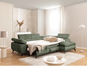 Colțar verde cu tapițerie din catifea reiată (cu colț pe partea dreaptă/în formă de ”L”) Marbeya – Ropez