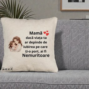 Cadou pentru Mama - Perna Personalizata Mama Nemuritoare cu Balon Inima, 40x40 cm, Bej Canapea, Husa Detasabila, Perna Inclusa, BEKZ®
