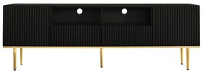 Mobilier TV Modern Modern cu Detalii Aurii, Două Rafturi și Două Sertare, din Lemn de Înaltă Calitate, 165x36x55 cm, Negru