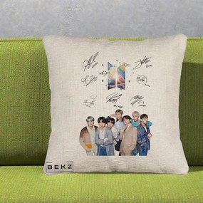 Perna Personalizata K-pop BTS Autografe Toti Membrii Fotografie, 40x40 cm, Bej Canapea, Husa Detasabila, Perna Inclusa, BEKZ®