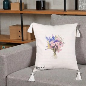 Perna Decorativa Buchet Floral Acuarela Primavara, 40x40 cm, Bej cu Franjuri, Husa Detasabila, Perna Inclusa, BEKZ®