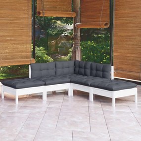 3096311 vidaXL Set mobilier grădină cu perne, 5 piese, alb, lemn de pin
