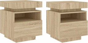 vidaXL Noptiere cu lumini LED, 2 buc., stejar sonoma, 40x39x48,5 cm