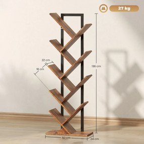 HOMCOM Bibliotecă în formă de copac cu 9 niveluri, corp de depozitare industrial cu cadru din oțel, 50x24x136cm, Maro rustic | Aosom Romania