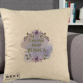 Cadou pentru Bunica - Perna Personalizata Cea Mai Buna Bunica Flori Mov Acuarela Auriu, 40x40 cm, Bej, Husa Detasabila, Perna Inclusa, BEKZ®