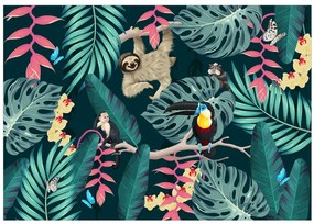 Fototapet - Leneș și maimuțe - junglă exotică cu păsări pe fundal închis